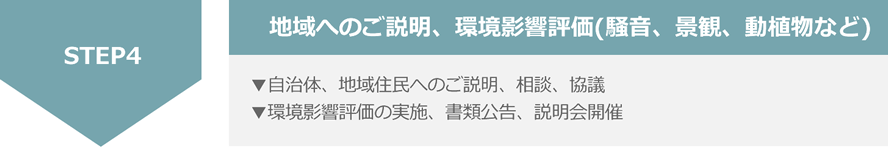 【図】導入の流れ STEP4：地域へのご説明、環境影響評価(騒音、景観、動植物など)