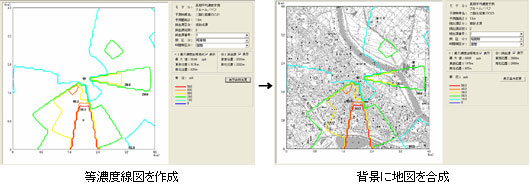 等濃度線図を作成後、背景に地図を合成した例