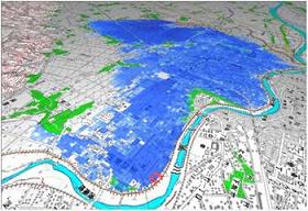 浸水深分布の地図との重ね合わせ表示